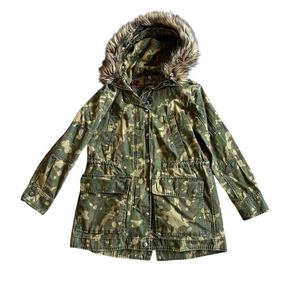 Gap Camo Print Jacket Coat Anorak Faux Fur Lined Hood Zip-Out Lining Size Small - Picture 2 of 16